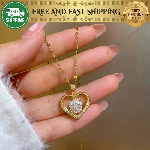 Heart Pendant Necklace Gold Color Stainless Steel Chain Jewelry Women Same Day  - product listing photo