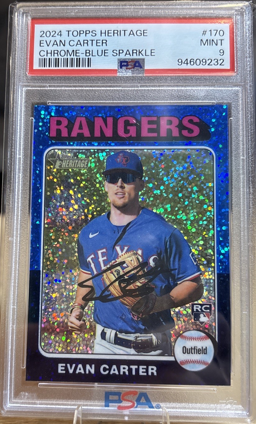 2024 Topps Heritage - Evan Carter #170 Chrome Blue Sparkle Refractor (RC) PSA 9