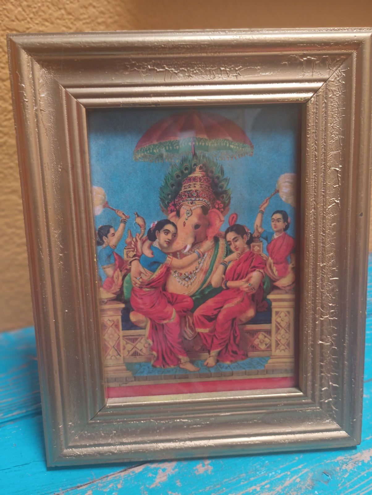 Consorts of Ganesha by Ravi Varma- Reproduction- Gold Painted Frame 10x8"