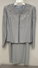 St John Evening Knit Dress Suit, Metallic Blue Embellished Embroidery, Size 10