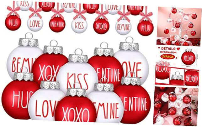 24 Pieces Valentine's Day Ball Ornaments 2.36 Inch Red White Valentines Day