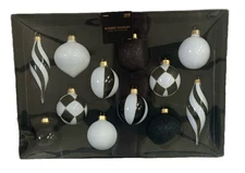 Robert Stanley Glass Christmas Ornament Boxed Set of 12 Black White Gold New