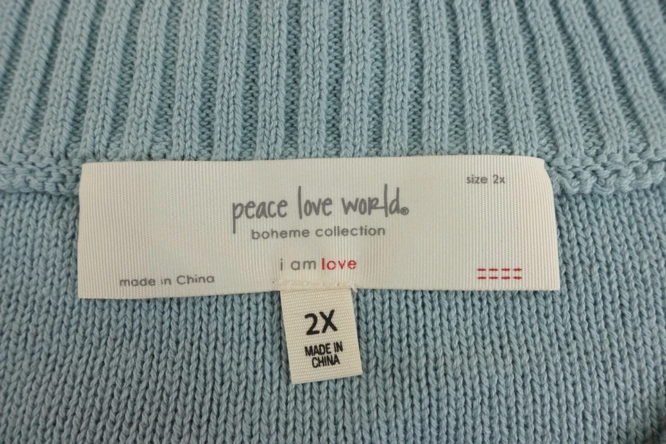 Suéter Peace Love World Boheme Mujer Talla 2X Azul Claro Algodón Manga 3/4 Nuevo Foto 2 de 4