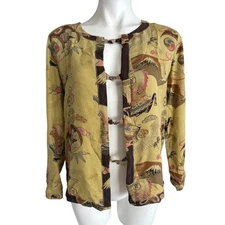 Vintage Citron Silk Front Tie Top Jacket Asian Flair Size Small Yellow