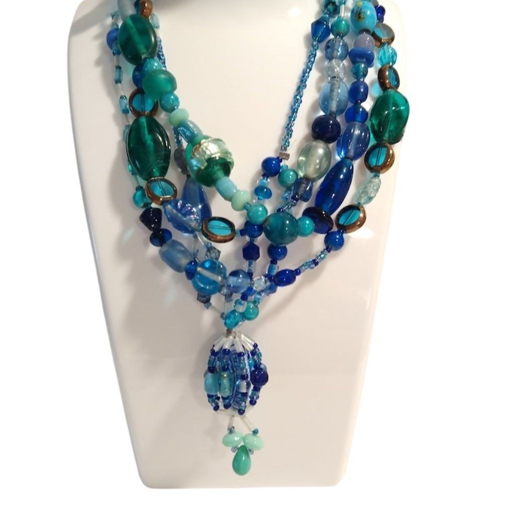 Blue Glass Multi-Strand Beaded Statement Necklace… - image 1