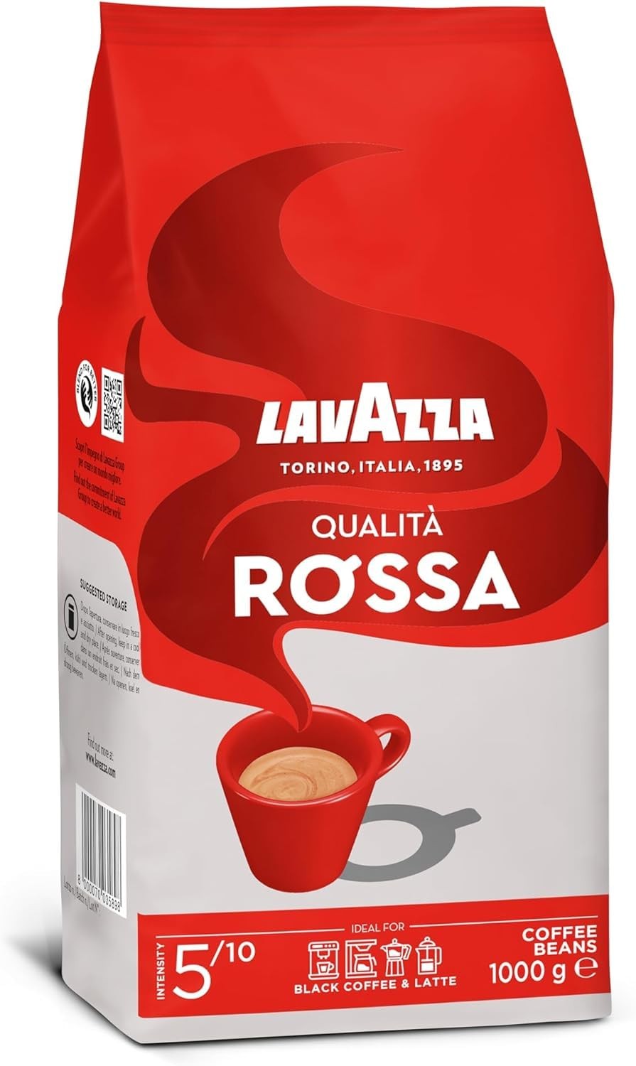 Lavazza, Qualità Rossa, Coffee Beans, Arabica and Robusta, Intensity 5/10,