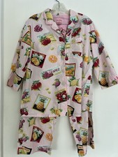 VTG Nick Nora L Fruit Label Pajama Set Pink Cotton Retro Print Cropped 8992