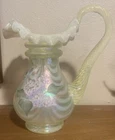 Fenton Sea Green Uranium 6 3/8” Wave Optic Opalescent Pitcher Vase Hand Painted
