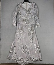 Mac Duggal 2-Piece Womens 6 Platinum Embellished Sequin Illusion Long Sleeve