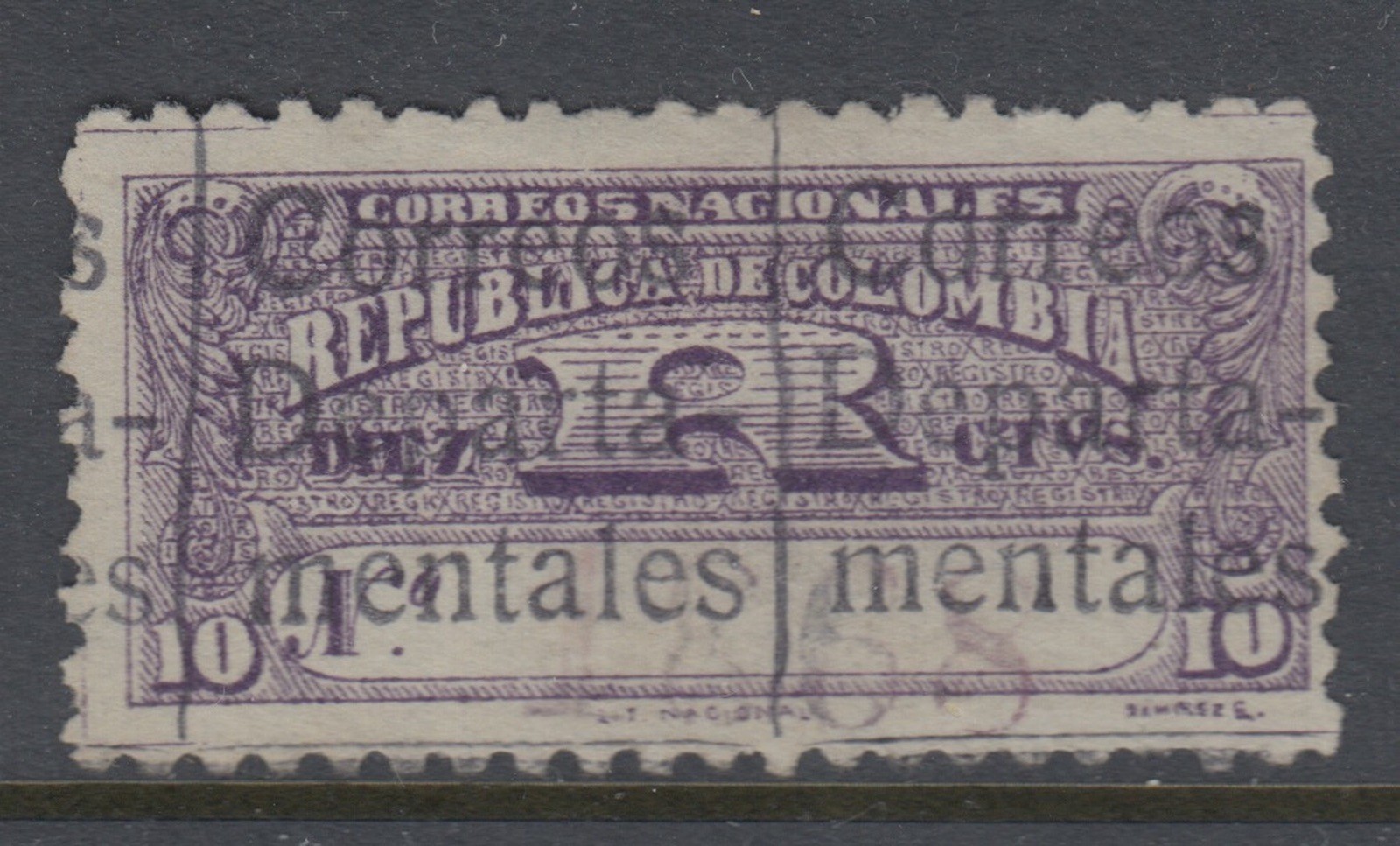 Colombia 1909 10c Purple Department Registration Overprint Used. Scott LF3