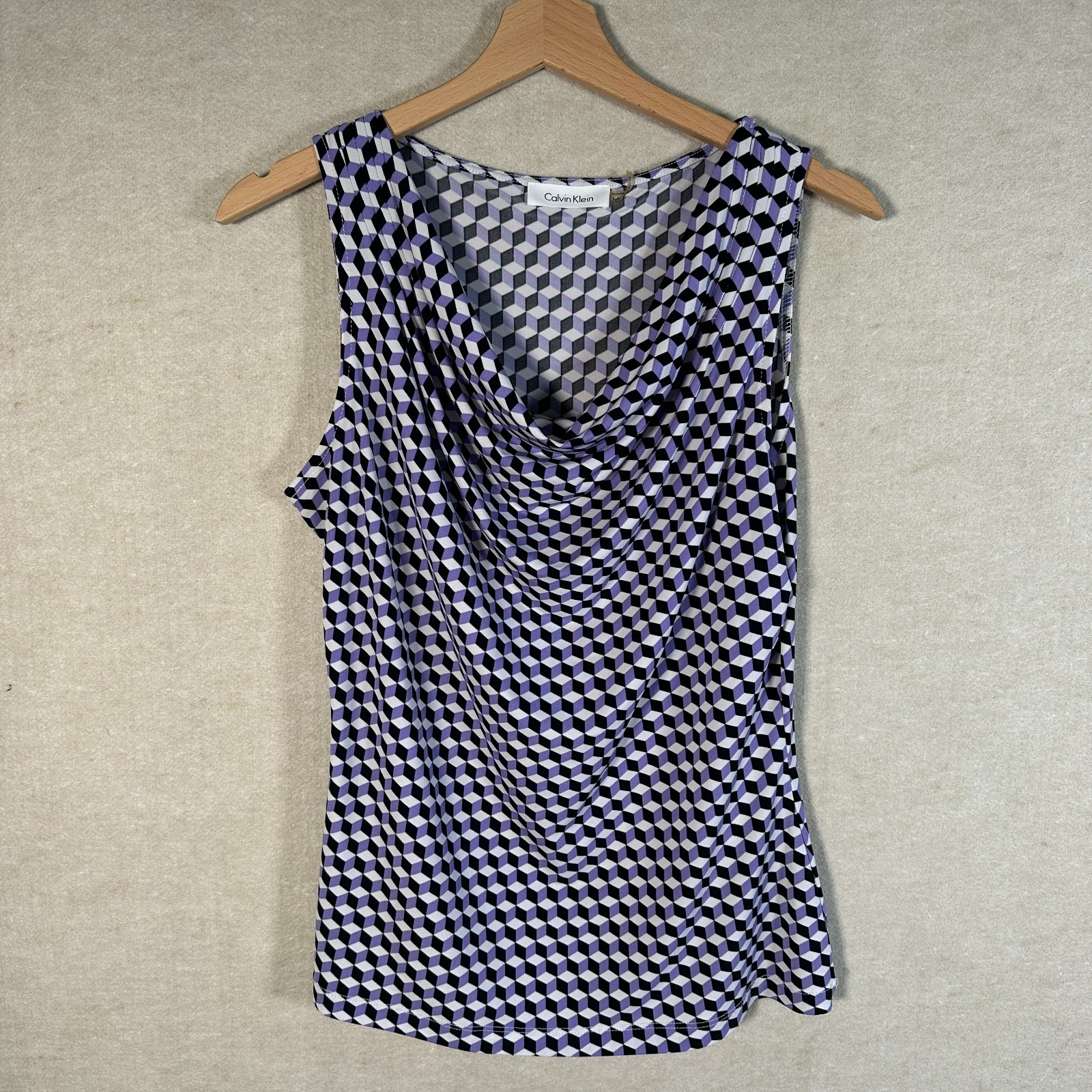 Calvin Klein Cowl Neck Blouse Top Womens Medium Sleeveless Geometric Purple