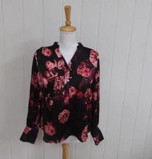 Ryegrass Black Pink Floral Blouse Size XS Wide Button Cuffs
