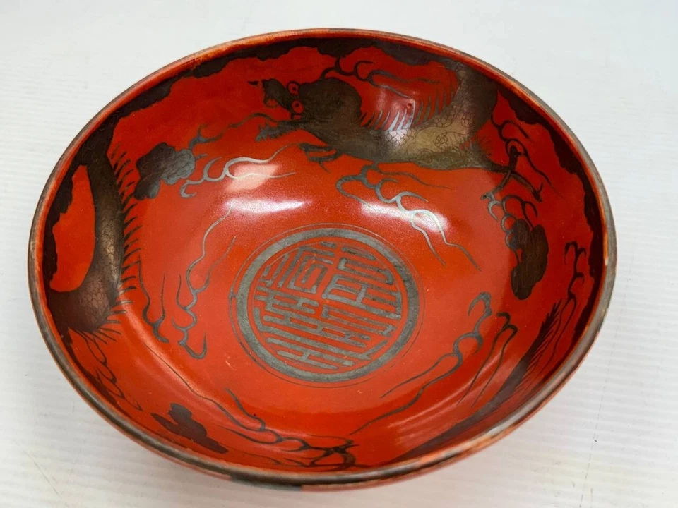 Juego 3 cuencos antiguos japoneses de porcelana Kutani naranja y plata dragón circa 1920 Foto 4 de 4