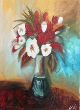 Impressionist oil painting still life with flowers signed