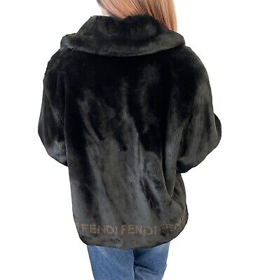 FENDI Vintage Logo Faux Fur Coat #42 Black Modacrylic Jacket FENDI Vintage Logo Faux Fur Coat #42 Black Modacrylic Jacket