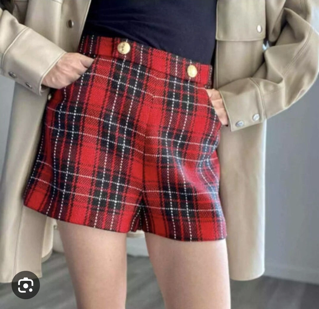 Red and store black checkered shorts