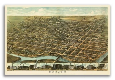1870 Dayton Ohio Vintage Old Panoramic City Map - 16x24