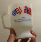 FIRE KING D HANDLE MUG MILK GLASS STOUGHTON WISCONSIN BANK NORWAY FLAG VINTAGE