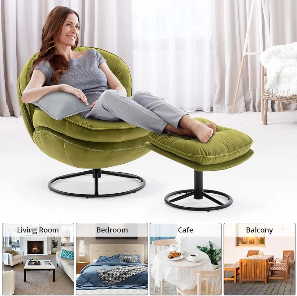 Silla giratoria de terciopelo con juego otomano, sillón moderno con metal B... Foto 4 de 4