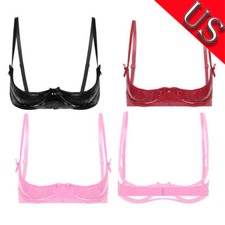 Woman's Leather Push Up 1/4 Cup Bras Wet Look Underwire Hollow Out Bralette