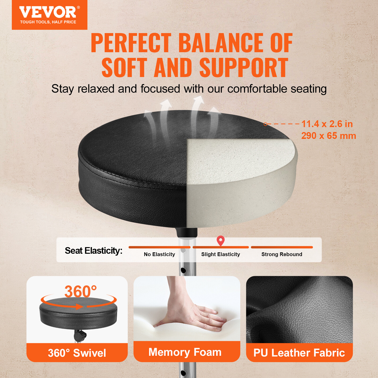 VEVOR Drum Throne 19.3 to 23 in/490585 mm Height Adjustable Padded