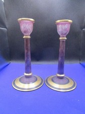 Bohemian Pair Of Candle Holders Pink Frosted Glass And Gold 7 1/2"