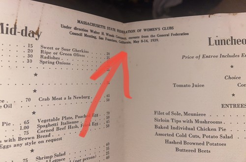 May 1939 MENU from The FEATHER RIVER ROUTE Railway Enroute from San Francisco - Picture 4 of 7