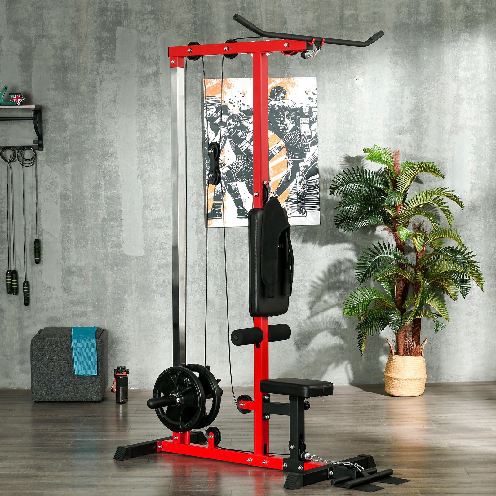 Soozier Lat Pull Down Machine Cable Station with Flip-Up Footplate, Red