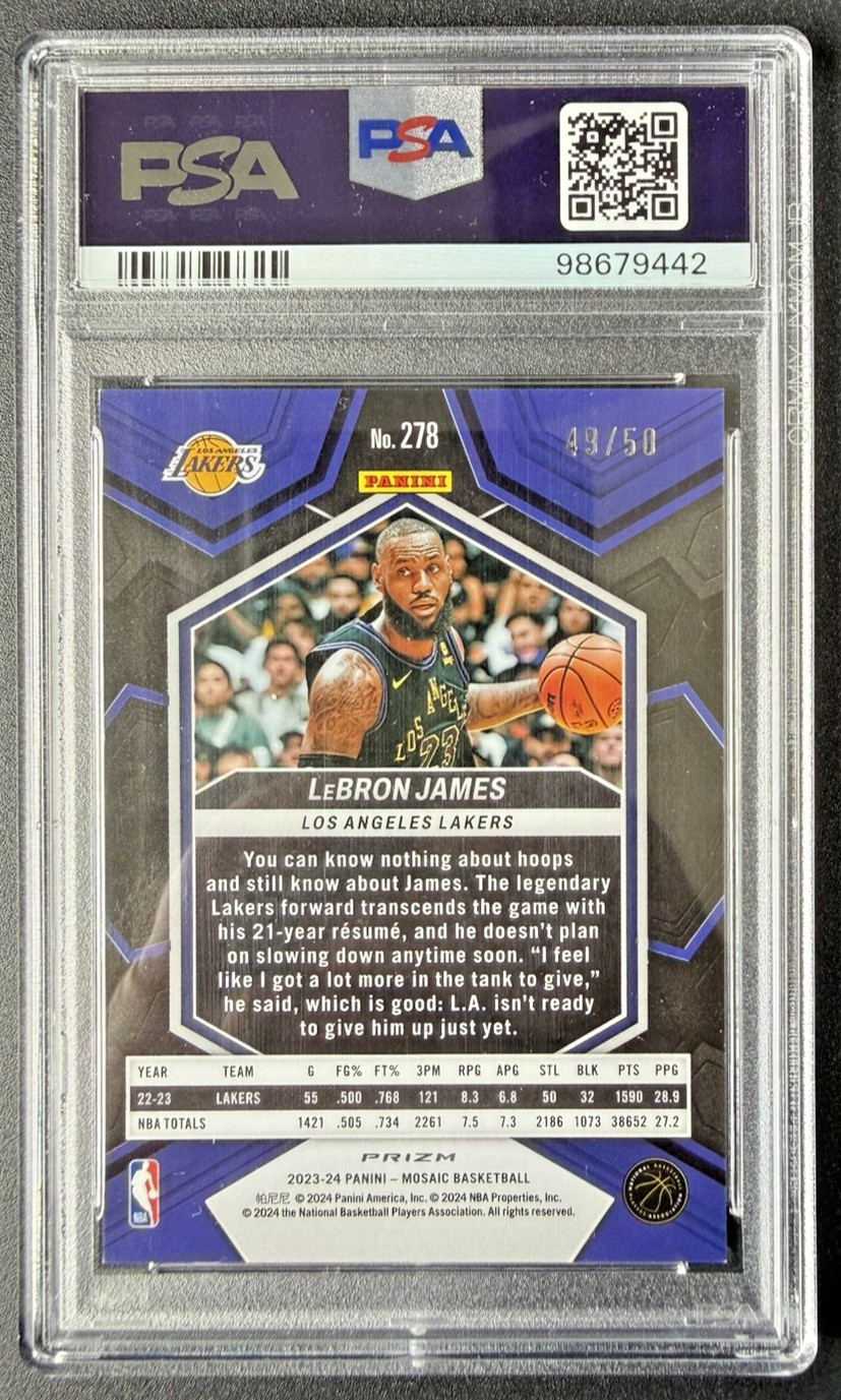 2023 PANINI MOSAIC #278 LeBRON JAMES PURPLE FAST BREAK /50 PSA 9 MINT view 2