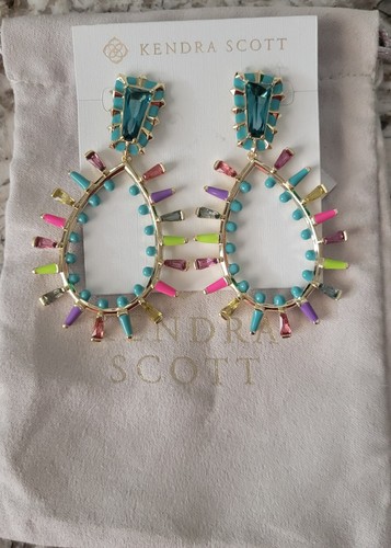 Kendra Scott Kelsey Statement Earrings Gold Multi Mix NWT $175 Pouch & Gift Bag 