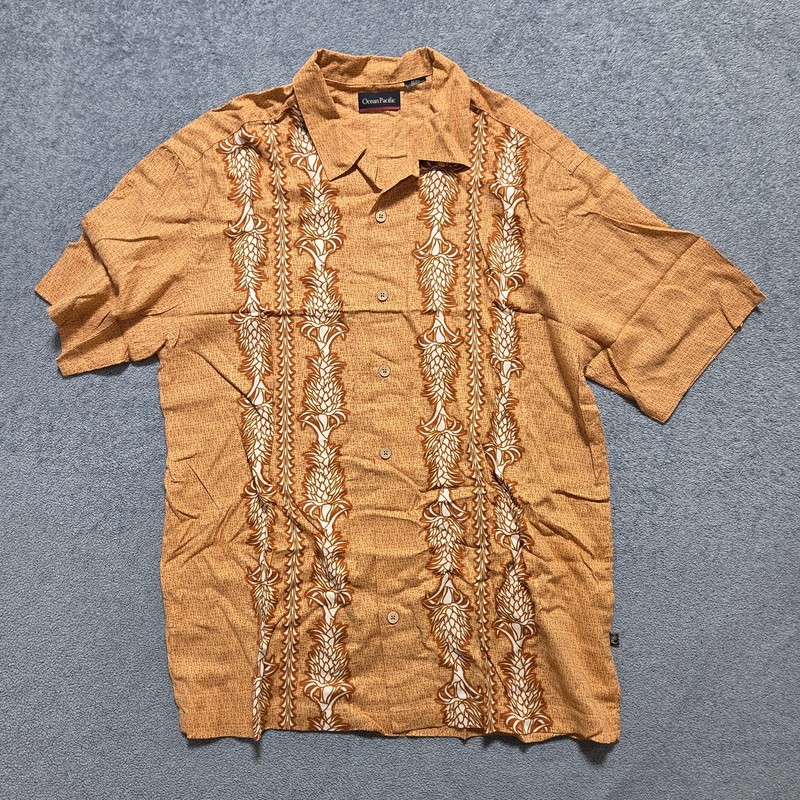 Ocean Pacific Men's Hawaiian Shirt Size Medium Orange Abstract Print Short Sleev