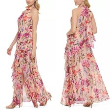 Eliza J Pink Floral Chiffon Halter Womens Maxi Long Dress Gown Size 2 Cocktail