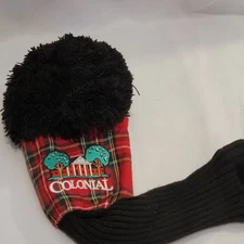 Colonial Golf Driver Headcover Pom Pom Black Red Tartan Plaid Knit Sock Vintage