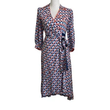 Diane Von Furstenburg Womens Ana Crepé Wrap Dress Sz 8 Geo Print 3/4 Sleeve
