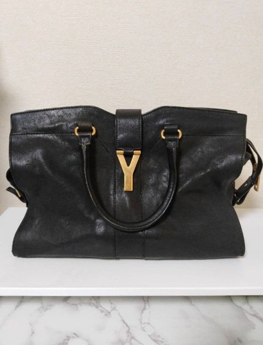 Yves Saint Laurent Tote Shoulder Handbag Black Leather Y-Logo Women's