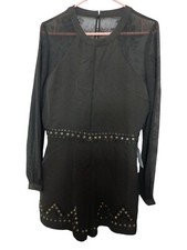 Eliza J Adelyn Rae Black Romper Shorts sheer long sleeve Metal details size 16