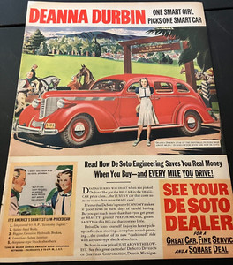 Red 1938 DeSoto & Deanna Durbin in Beverly Hills, CA - Vintage Print Ad Wall Art