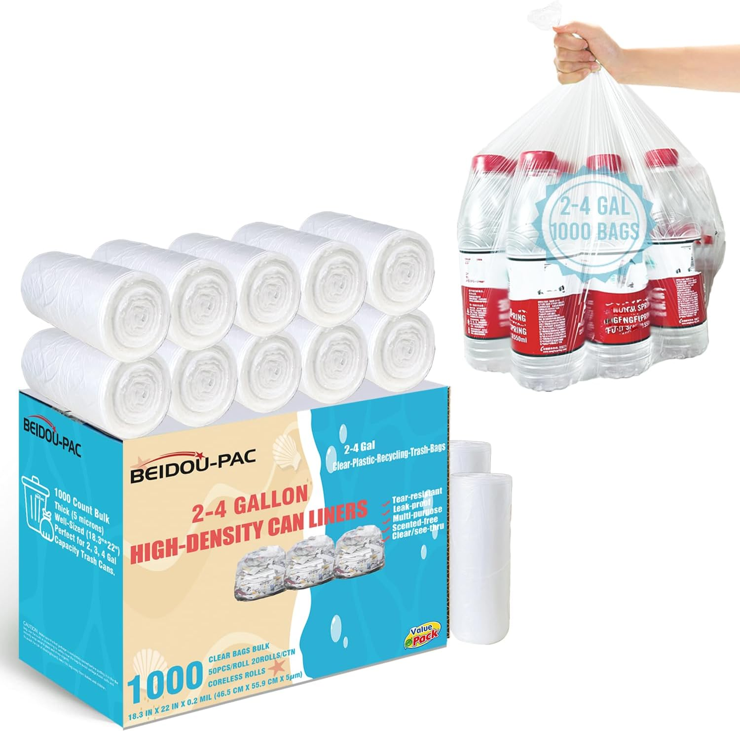 2-4 Gallon Trash Bags, 1000 Count Bulk Value Pack, Clear Plastic Recycling Bags,