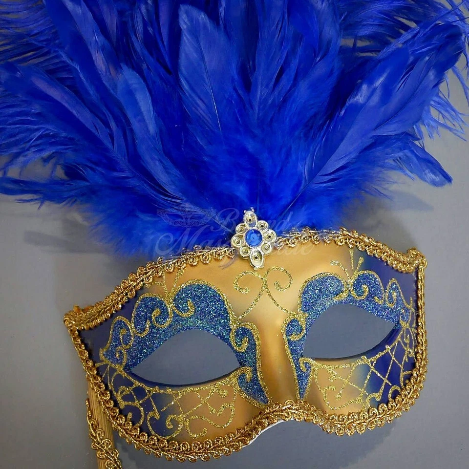 Handheld Stick Mask | Feather Masquerade Mask M6150 Gold Blue - Image 3 of 4