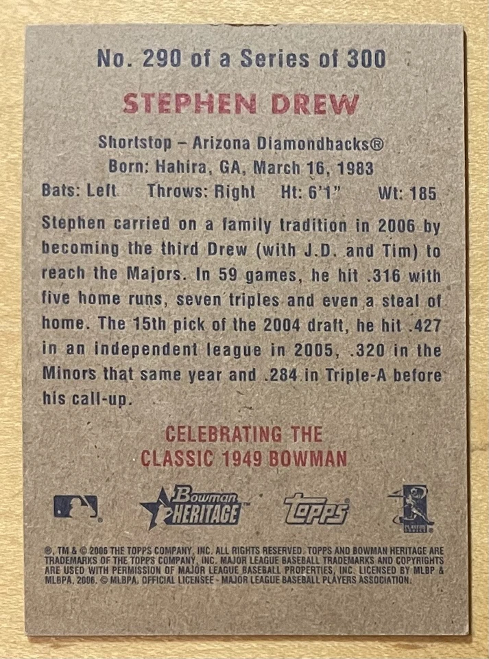 Stephen Drew Rookie Card 2006 Bowman Heritage SP #290 Arizona Diamondbacks NM - Image 2 of 2
