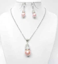 Vintage Rose Glass Pearl w/Rhinestone /Silver Findings Pendant Necklace/Earrings