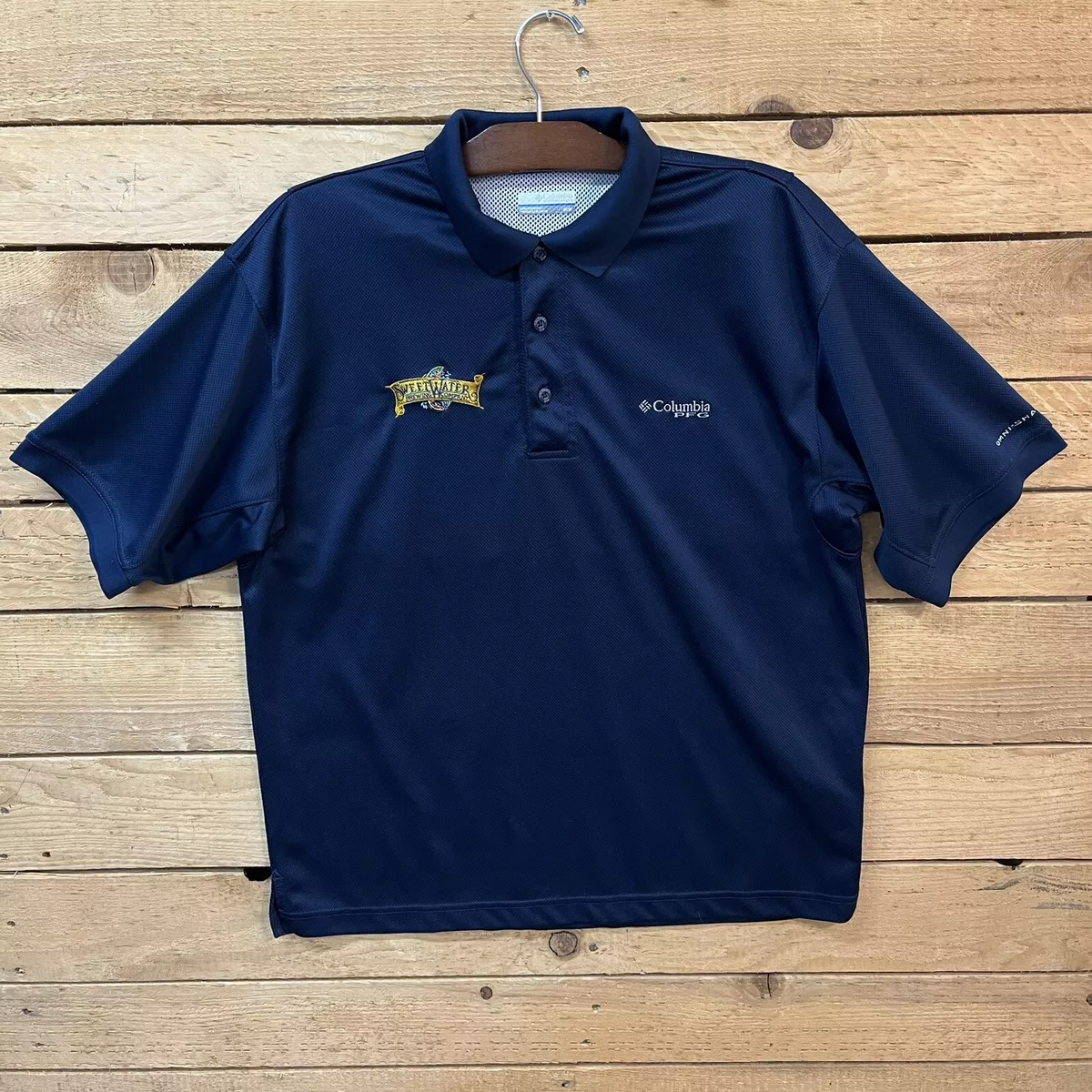 Columbia PFG Fishing Shirt Mens Medium Blue Vented Sweetwater Brewing Polo