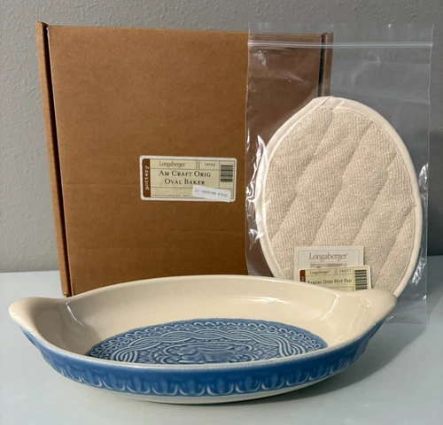 Longaberger American Craft "Oval Baker" & "Dish Hot Pad" Cornflower Blue 13" NIB