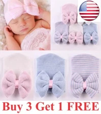 Newborn Baby Hat Toddler Baby Warm Hats Cotton Striped Caps Girls Bow Beanies