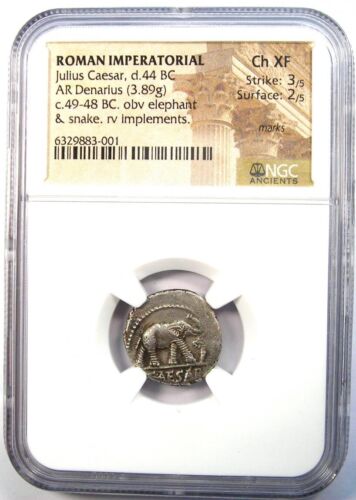Julius Caesar AR Denarius Silver Elephant Roman Coin 49 BC - NGC Choice XF (EF) - Picture 2 of 5