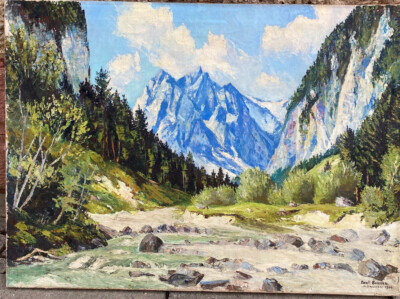 ::PAUL BOGNER 1936 OIL PAINTING RIVER LANDSCAPE IN ALPINE PANORAMA WITH FIR FORESTS 