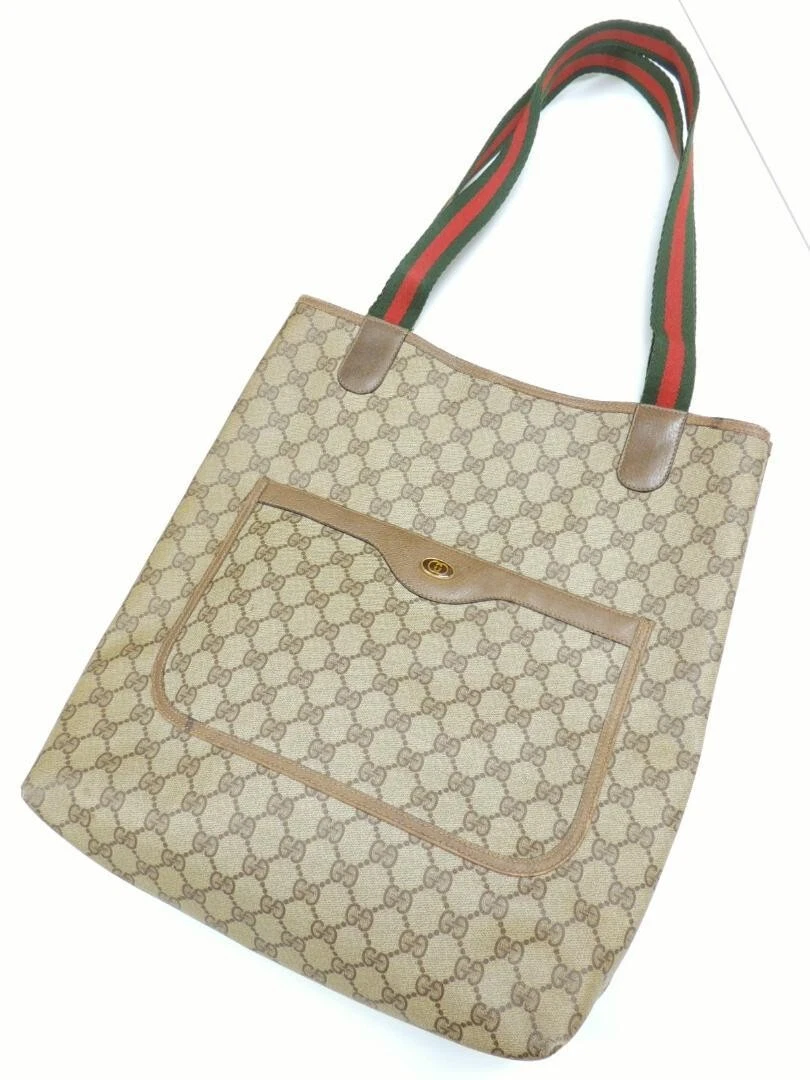 Ancien sac fourre tout vintage Gucci GG monogramme ligne sherry cuir marron PVC JAP 2503M