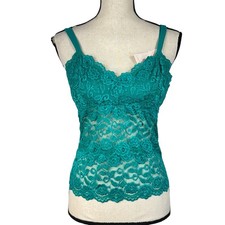 Cabernet Large Cami Top Floral Lace V-Neck Stretch Spaghetti Straps Sheer Teal