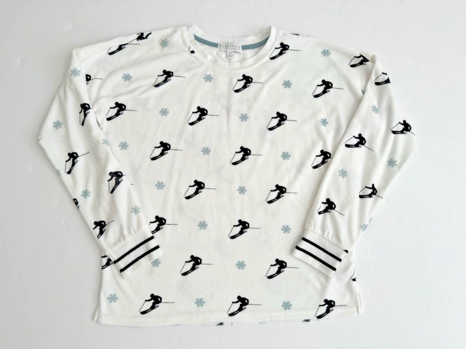 PJ Salvage Pajama Set Small White Black Snow Skiers Blue Snowflakes Winter NWOT - Image 4 of 4