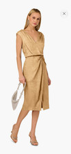 Adrianna Papell Light Gold Foil Woven Draped V-Neck Sheath Midi Dress 8